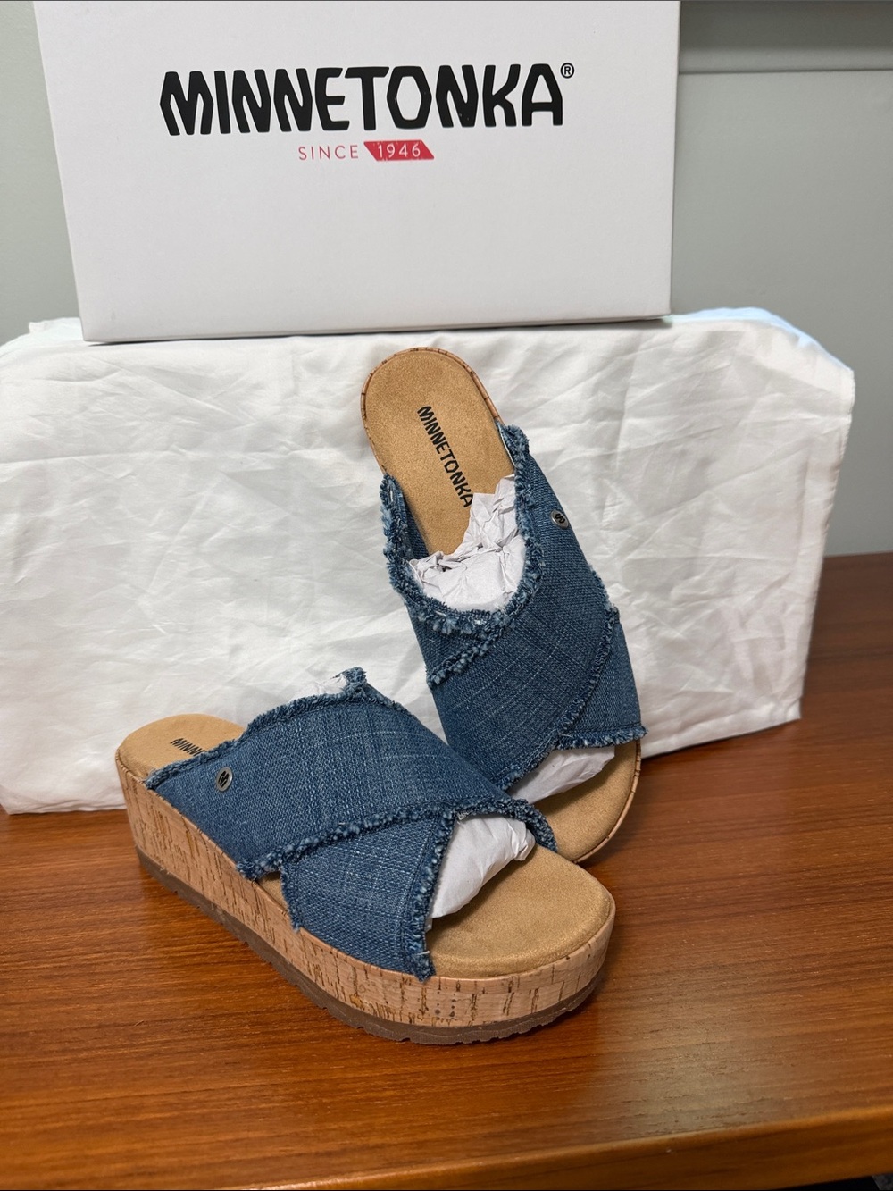 Minnetonka Denim Frayed Cork Wedge Slides - Blue